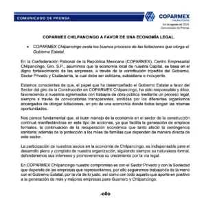 Comunicado de Prensa COPARMEX Chilpancingo para nota Evelyn Salgado Pineda y COPARMEX Chilpancingo: alianza para la recuperación económica de Guerrero